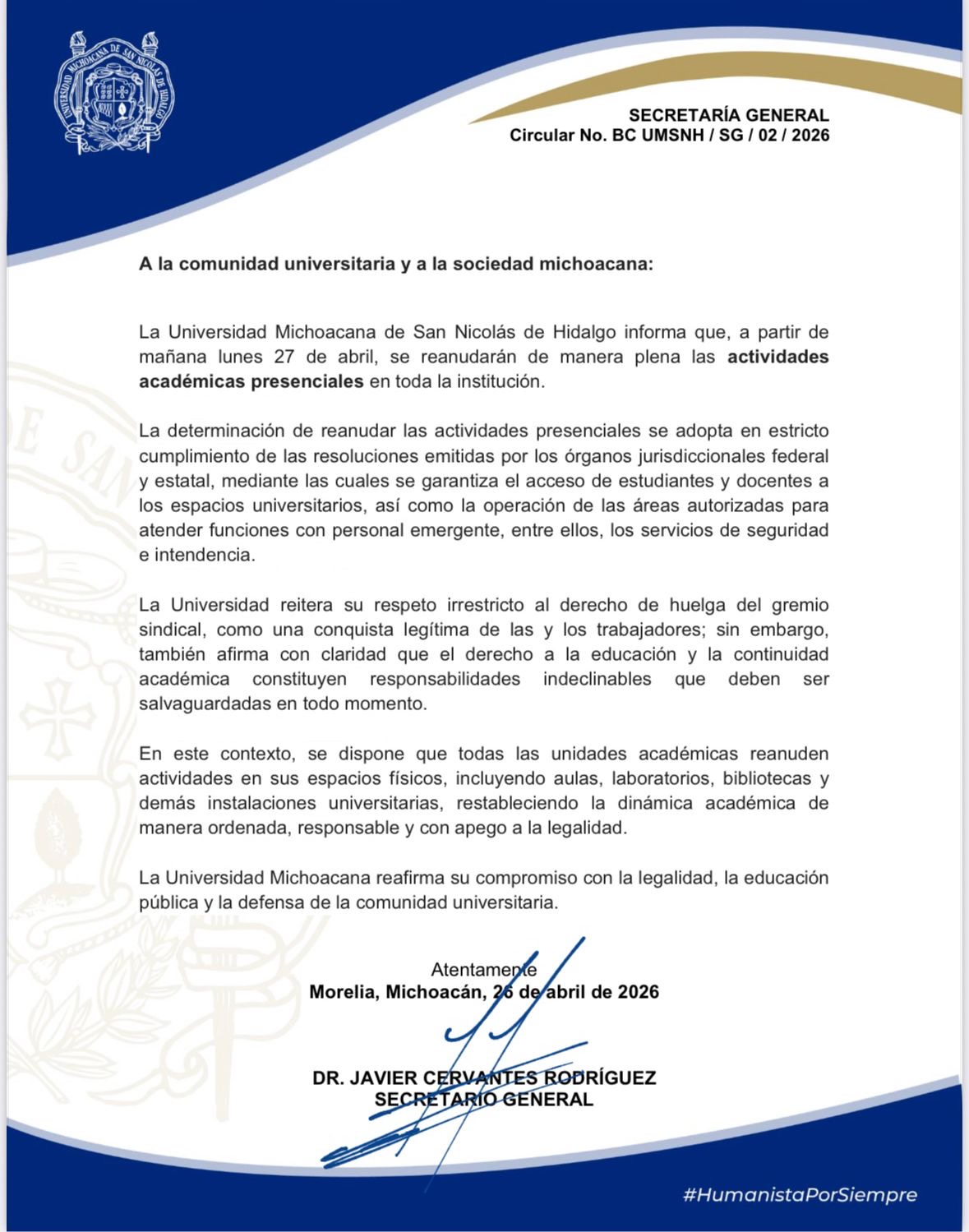 Todos a clases a partir de este lunes en la Universidad Michoacana de San Nicolás de Hidalgo